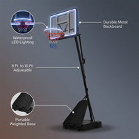 8 Ft. to 10 Ft. Black Metal Portable Basketball Hoop Height Adjustment with LED Lights — infographic
