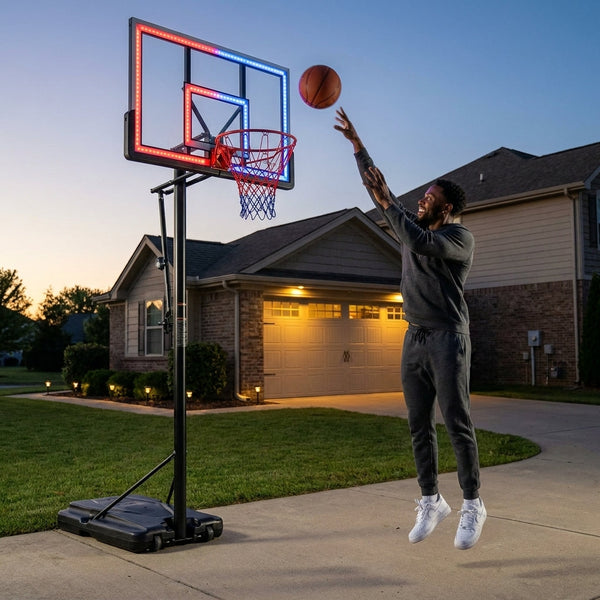 Portable Basketball Hoop Built for Night Games, LED Lights, Height Adjustment, Metal Frame