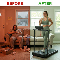 Compact Treadmill Designed for Home Workouts, 3.5HP Motor, Handle Bar, 400LB Capacity, Big Screen — Before & After