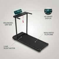 Compact Treadmill Designed for Home Workouts, 3.5HP Motor, Handle Bar, 400LB Capacity, Big Screen — infographic