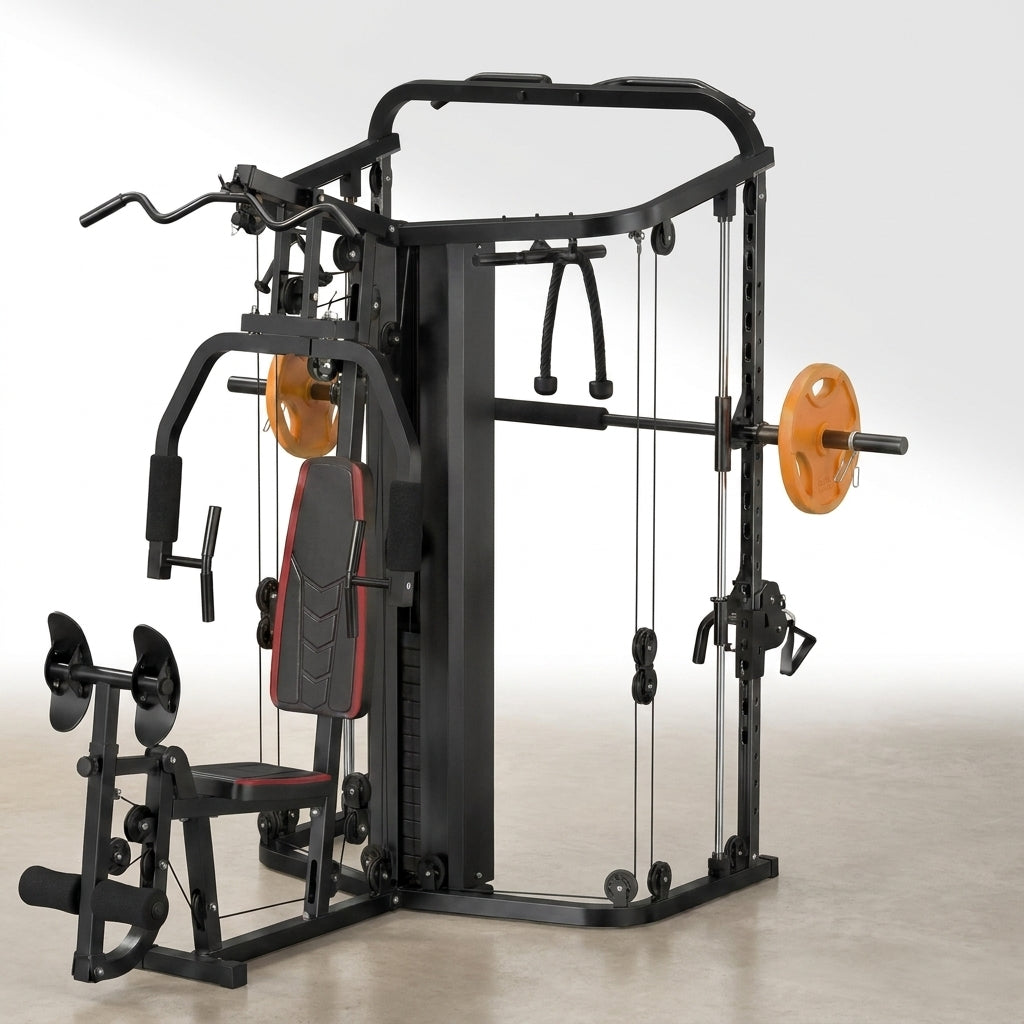 Smith Machine Home Gym Built for Complete Body Training, 138LB Weight Stack, Leg Press, LAT Station — Studio Shot