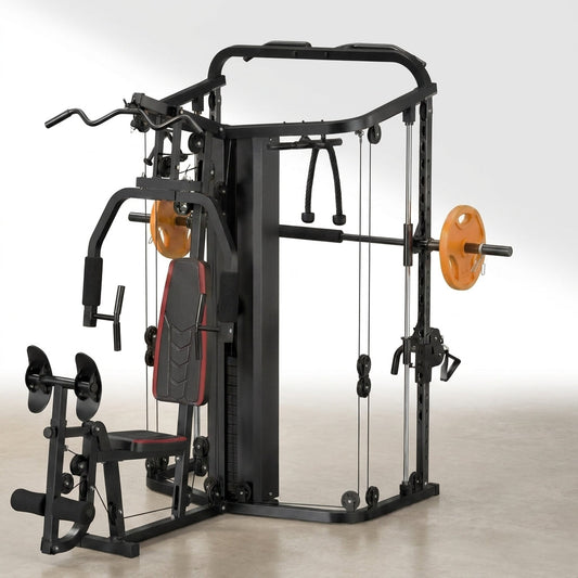 Smith Machine Home Gym Built for Complete Body Training, 138LB Weight Stack, Leg Press, LAT Station — Studio Shot
