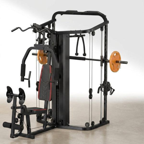 Smith Machine Home Gym Built for Complete Body Training, 138LB Weight Stack, Leg Press, LAT Station — Studio Shot