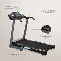 Treadmill with Auto 12Level Incline 15 Preset Foldable Treadmill 2.5 Horse Power Exercise Machine for Home Office Workout — infographic