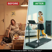 Walking Pad Treadmill with Handle Bar, 3.5HP Electric Treadmill with Handles for Home Small, 2026 Upgrade Walking Pad Treadmill with Handle Bar and Big Screen, 0.6-10.0MPH, 400LBS — Before & After